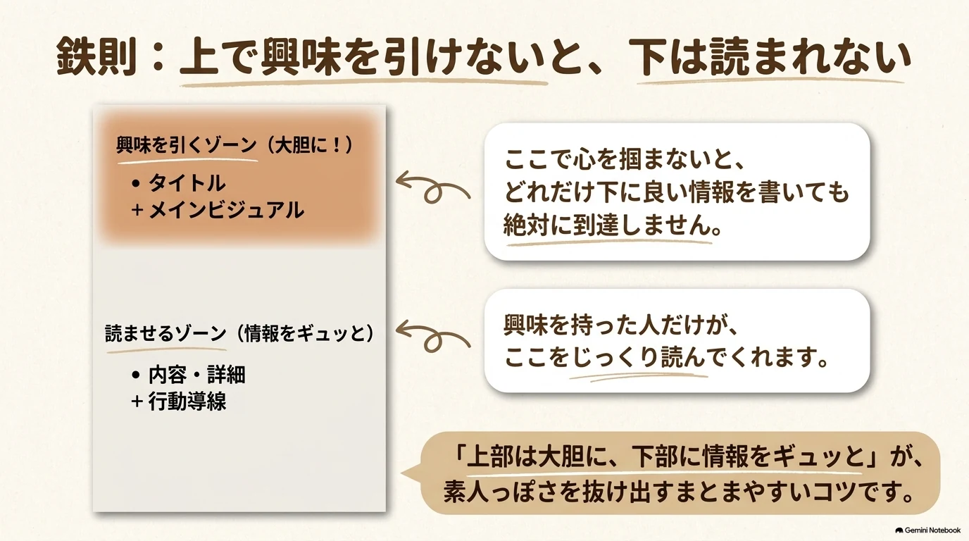 上で興味を引けないと下は読まれない