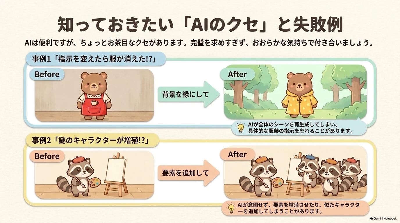 AIの再生成で服が消えたり似たキャラクターを追加してしまう例