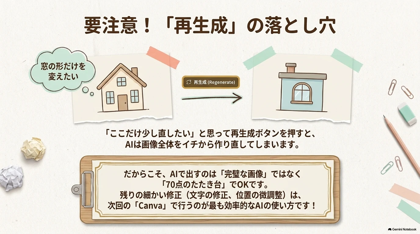 再生成の落とし穴と70点のたたき台