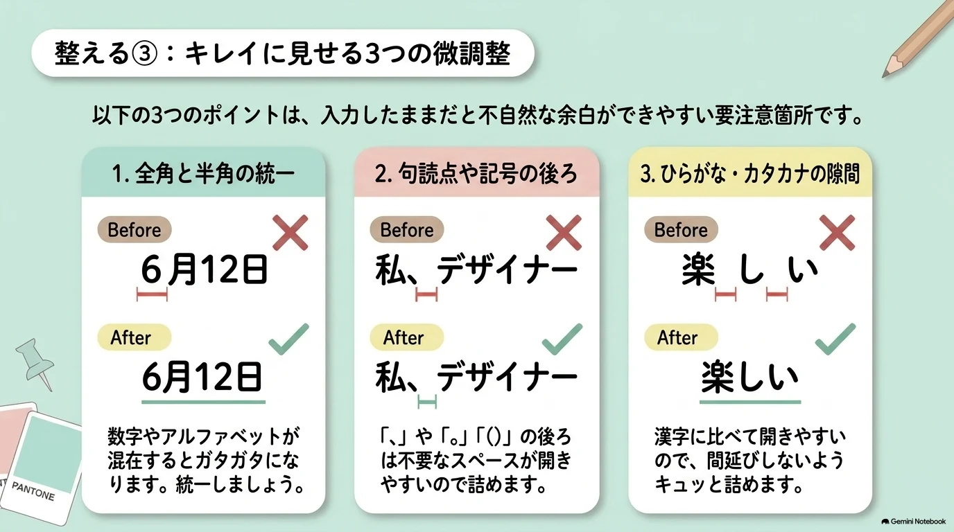 全角半角、句読点、かなの微調整