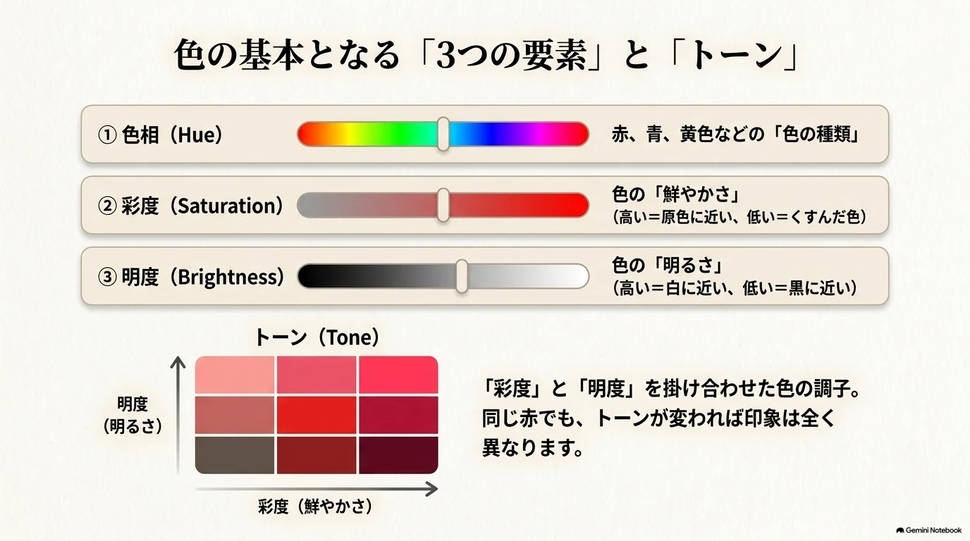 色相、彩度、明度とトーン