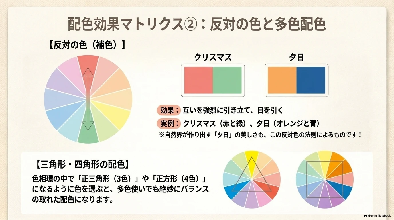 反対の色と多色配色の効果
