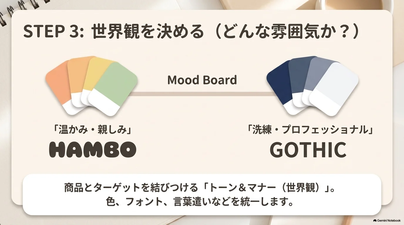 STEP3 世界観をキーワード、色、フォントで決める