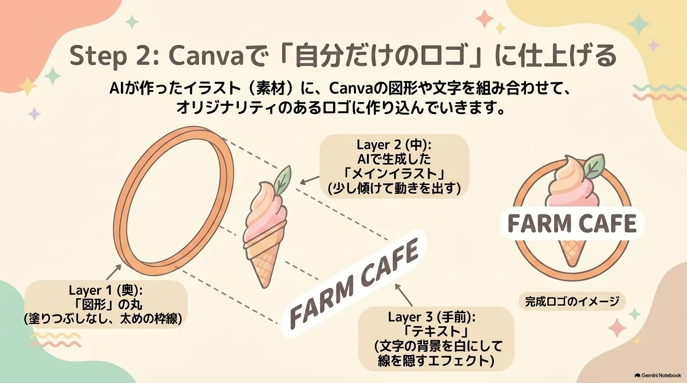 図形、AI生成イラスト、テキストの3層でロゴを作る