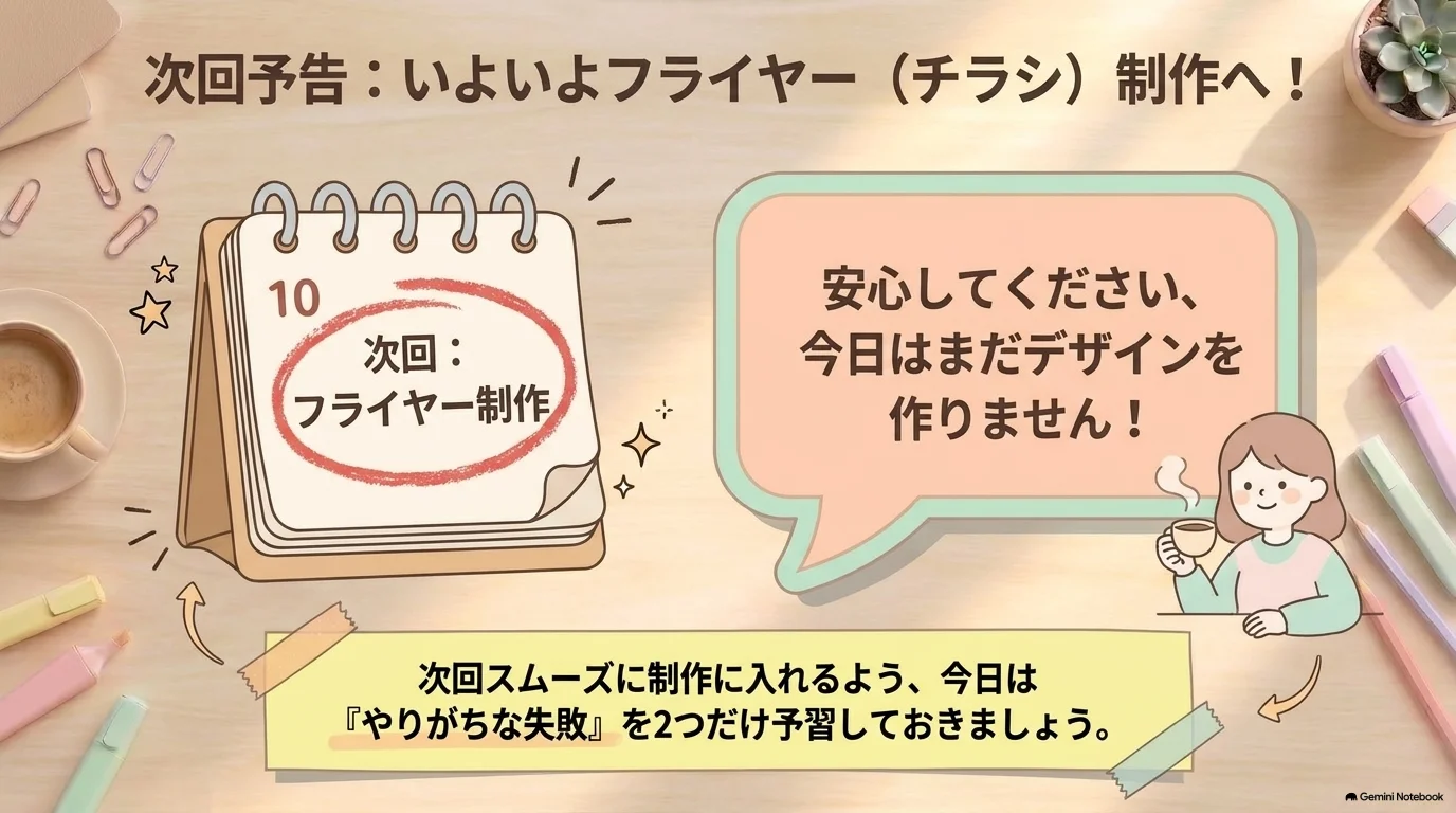 次回予告はいよいよフライヤー制作へ今日はまだ作らない