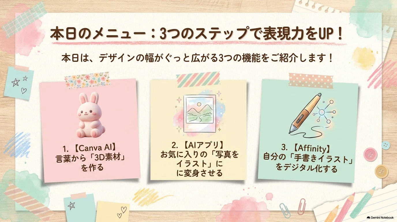 3D生成、AIイラスト変換、Affinityベクター化の3部構成