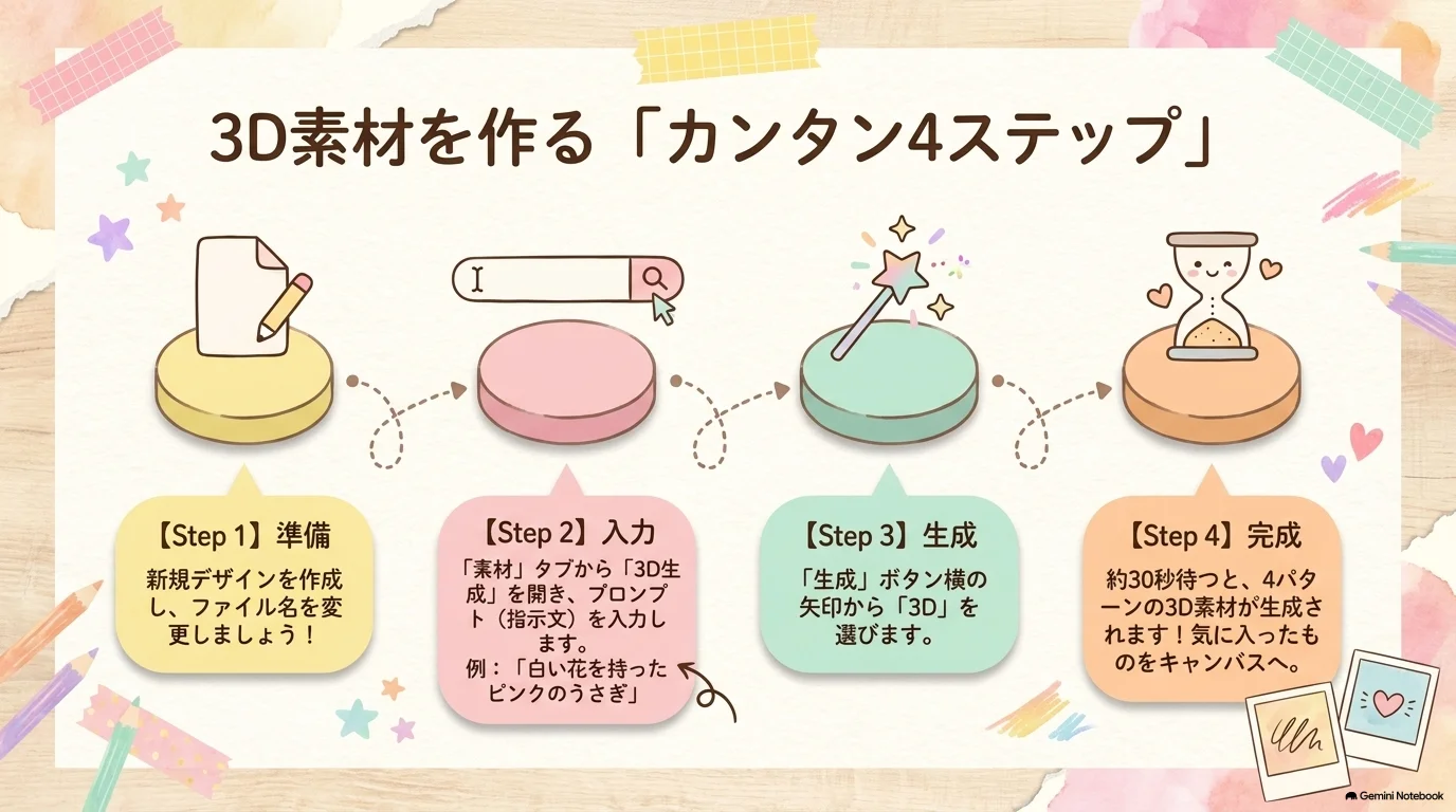 白い花を持ったピンクのうさぎを3D生成する