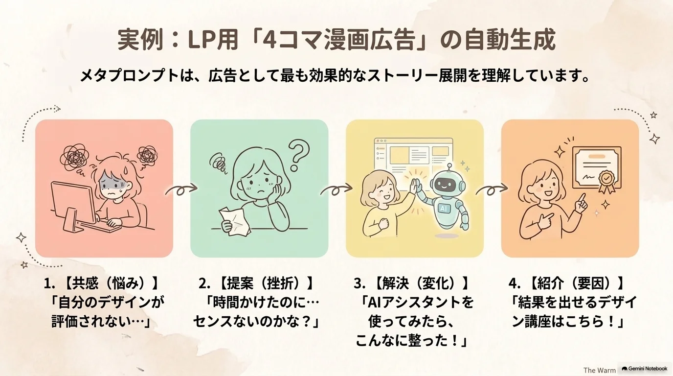 悩みから商品紹介までの4コマ構成